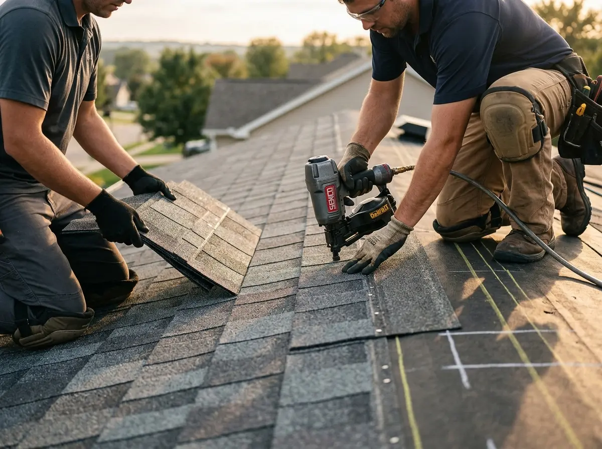Professional roofer working on a residential roof in Cave Spring
